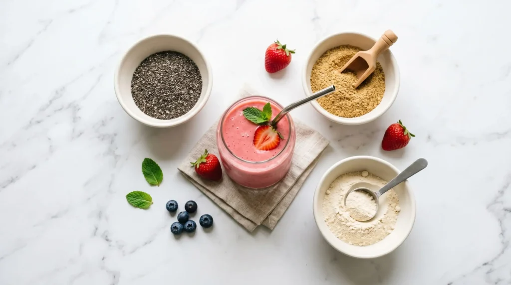 Tigelas pequenas com superalimentos como chia, linhaça e proteína em pó ao lado de um smoothie pronto.