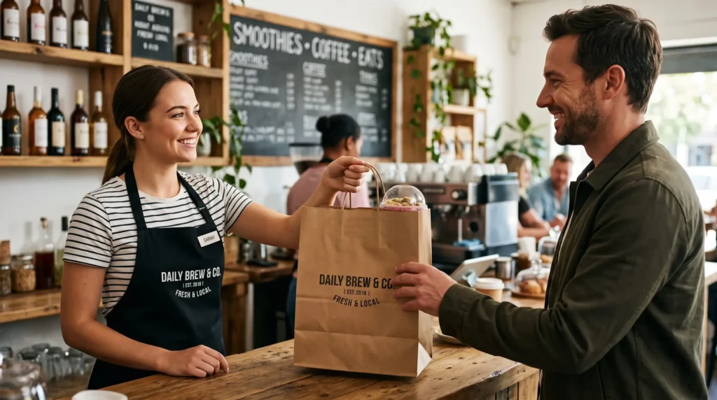 Atendente sorridente entregando uma sacola de papel Kraft com um smoothie perfeitamente embalado para um cliente.