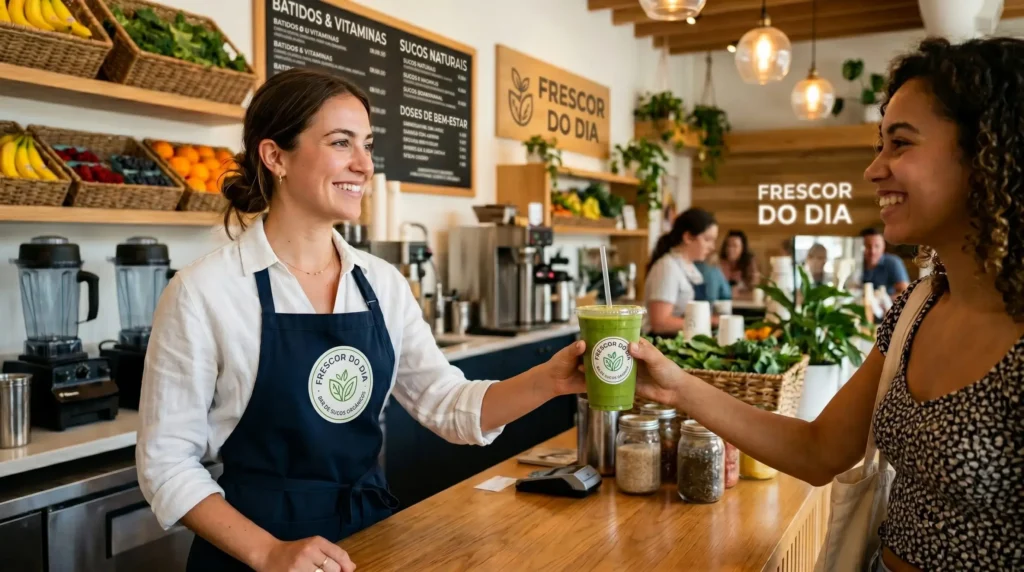 Empreendedora sorridente de avental entregando um smoothie de delivery para um cliente no balcão da loja.