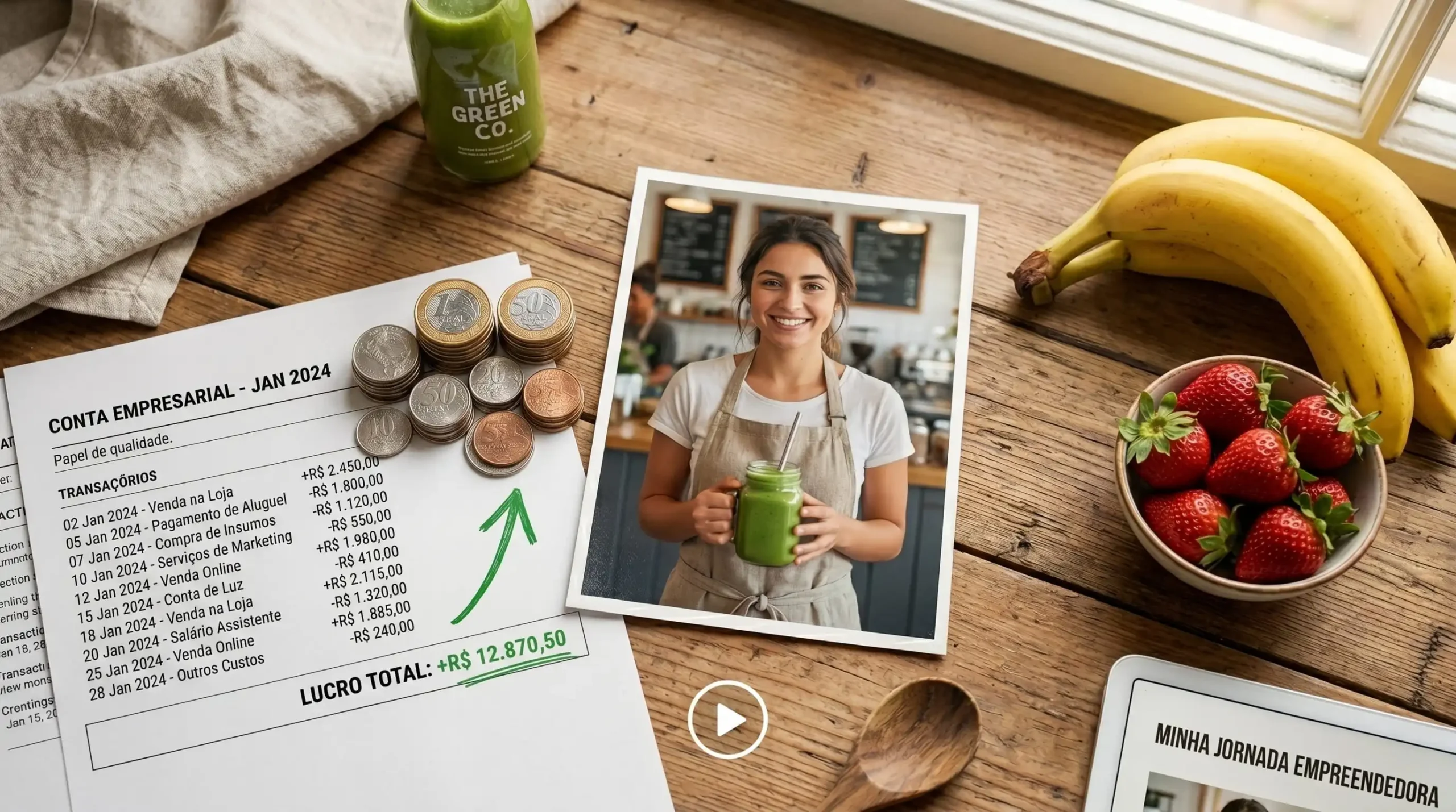 Foto impressa da empreendedora Ana Martins sorrindo com um smoothie, ao lado de moedas e um gráfico de crescimento, representando prova social de sucesso.