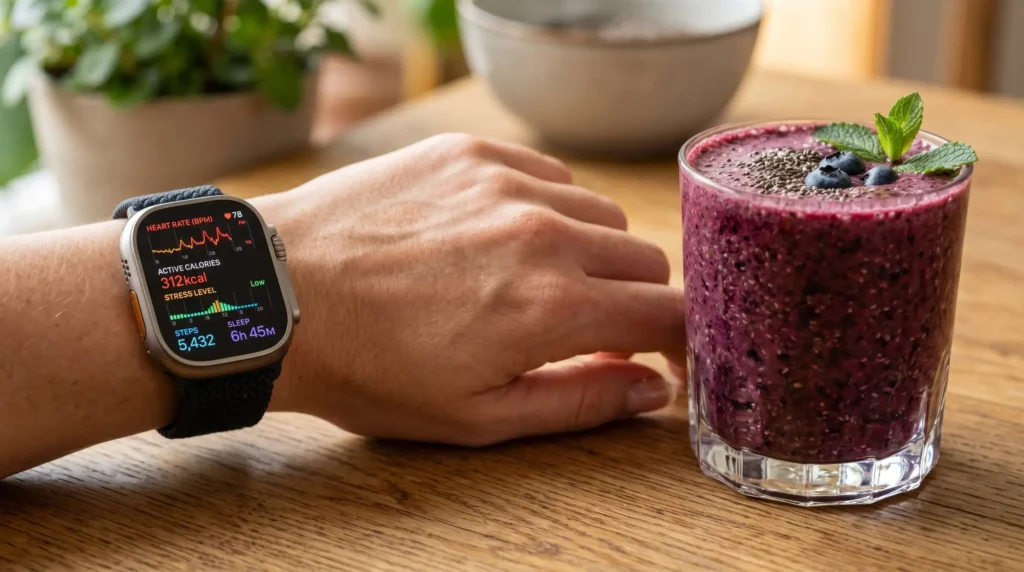 Close-up focado no pulso de uma pessoa usando um smartwatch moderno que exibe dados de saúde, ao lado de um smoothie funcional roxo de mirtilos.