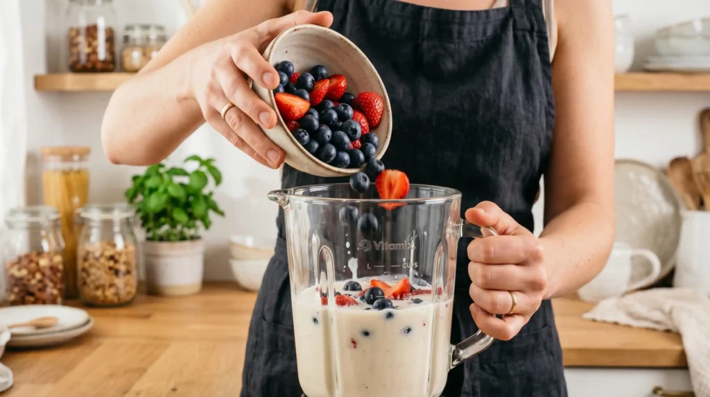 Mulher adicionando frutas vermelhas e amêndoas no liquidificador para preparar um smoothie para emagrecer de alta densidade nutricional.