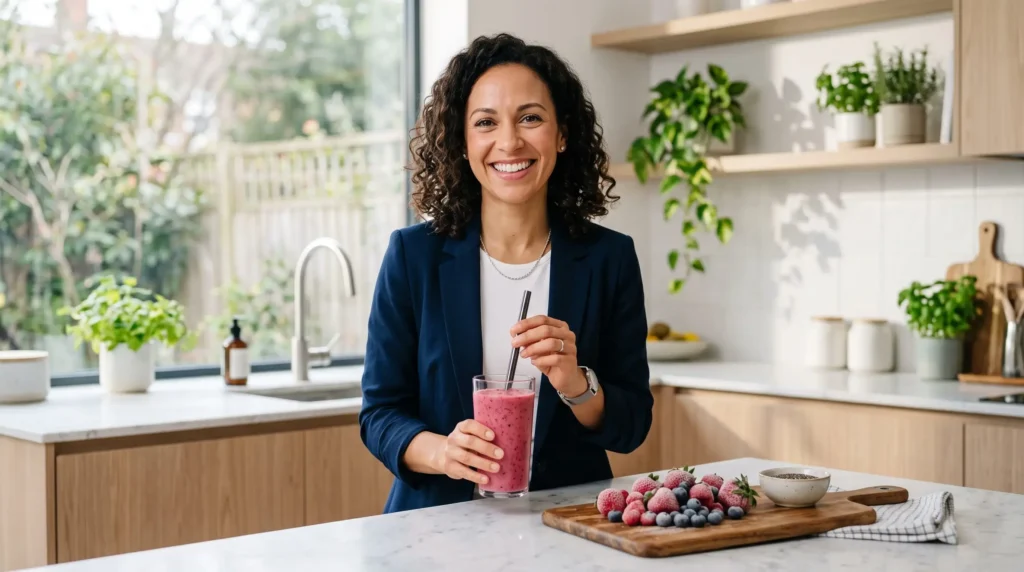 Mulher sorrindo na cozinha enquanto segura um copo de smoothie denso e colorido, com frutas congeladas ao fundo.