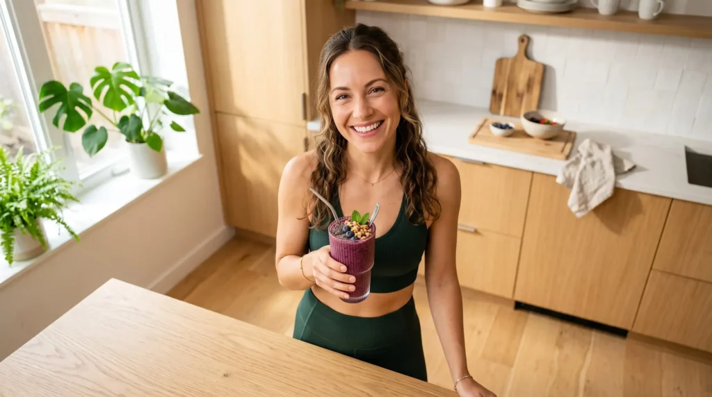 Mulher sorrindo na cozinha segurando um copo de smoothie de mirtilo com chia, vestindo roupas de treino modernas.