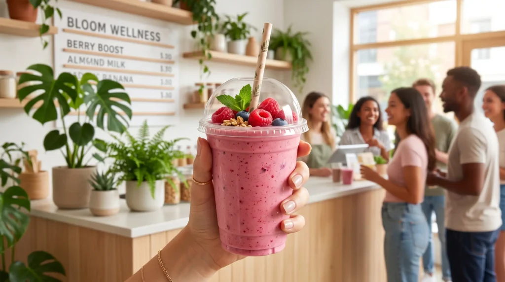 Uma mão segurando um smoothie de frutas vermelhas cremoso em um copo biodegradável, com uma loja de smoothies moderna e movimentada ao fundo desfocado