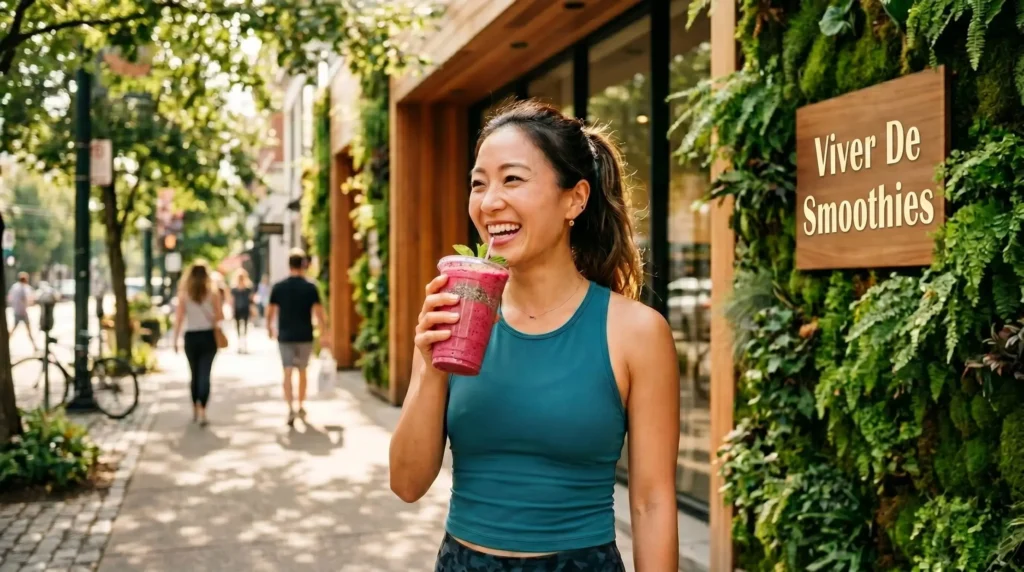 Mulher em roupas de academia segurando smoothie funcional com expressão de bem-estar e energia.