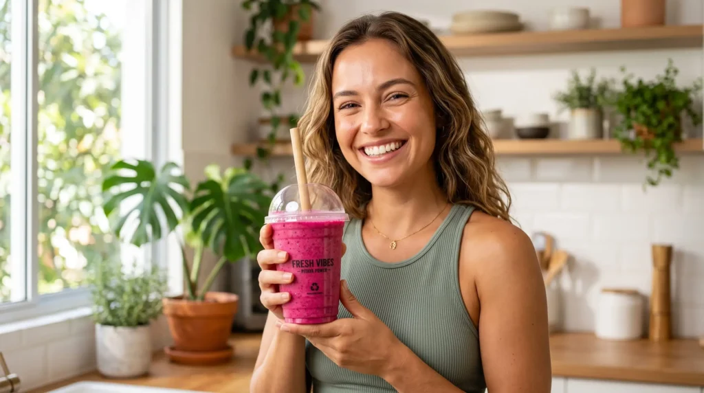 Mulher sorrindo em uma cozinha moderna segurando um copo para smoothie transparente com tampa bolha e canudo largo.
