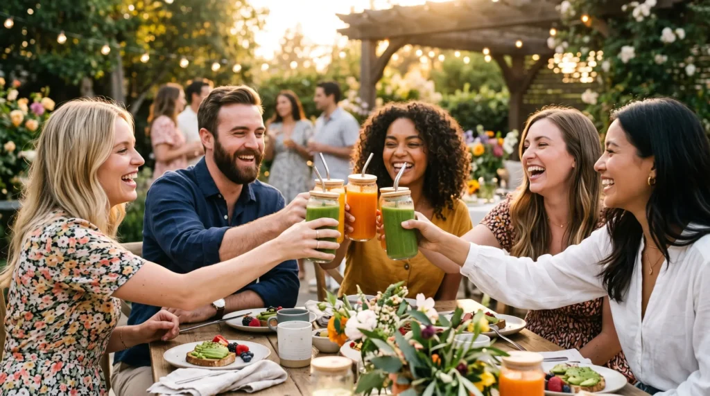 Pessoas brindando em um evento elegante ao ar livre usando copos para smoothie de vidro com tampa de bambu.