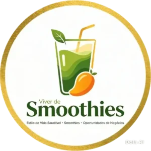 Logotipo redondo com borda dourada do Portal Viver de Smoothies mostrando um copo de smoothie verde com canudo e uma manga, representando estilo de vida saudável e oportunidades de negócios.