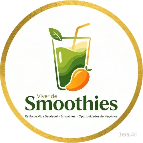 Logotipo redondo com borda dourada do Portal Viver de Smoothies mostrando um copo de smoothie verde com canudo e uma manga, representando estilo de vida saudável e oportunidades de negócios.
