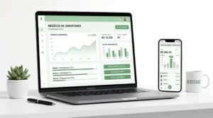 Mockup premium de laptop mostrando o painel do Curso Negócio de Smoothies com planilha bônus de precificação e plano de negócios.