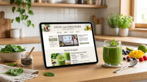 Mockup de tablet exibindo o Curso Saúde com Smoothies cercado por ingredientes naturais e saudáveis.