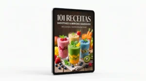 Mockup 3D de um tablet vertical exibindo a capa colorida e vibrante do Ebook 101 Receitas de Smoothies.