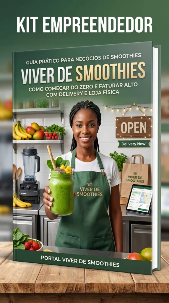 O e-book Kit Empreendedor Viver de Smoothies mostrando uma mulher sorridente de avental verde segurando um copo de smoothie de folhas verdes e frutas tropicais em uma cozinha profissional.