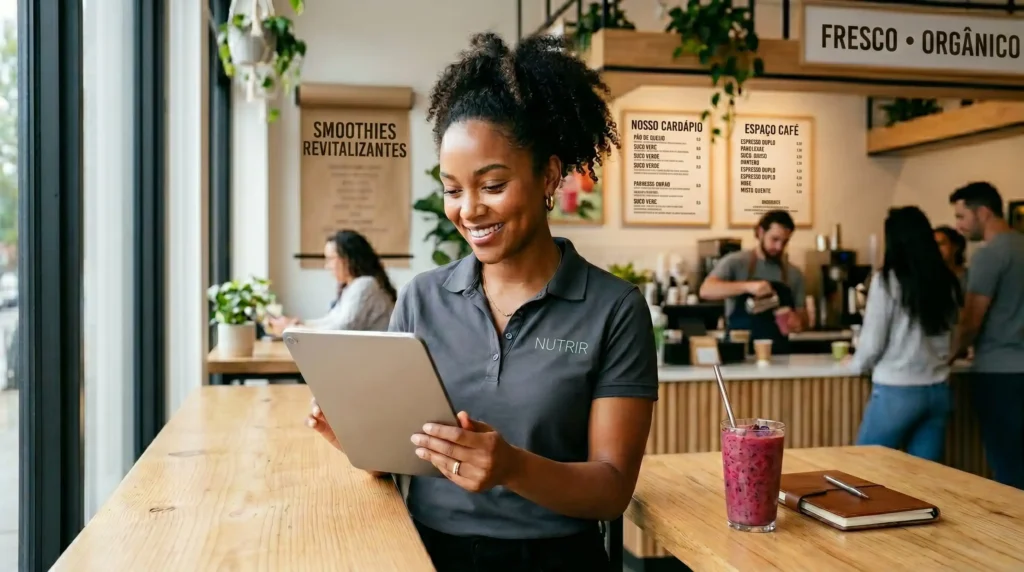 Proprietária de negócio de smoothies analisando dados financeiros em tablet com sorriso de satisfação.
