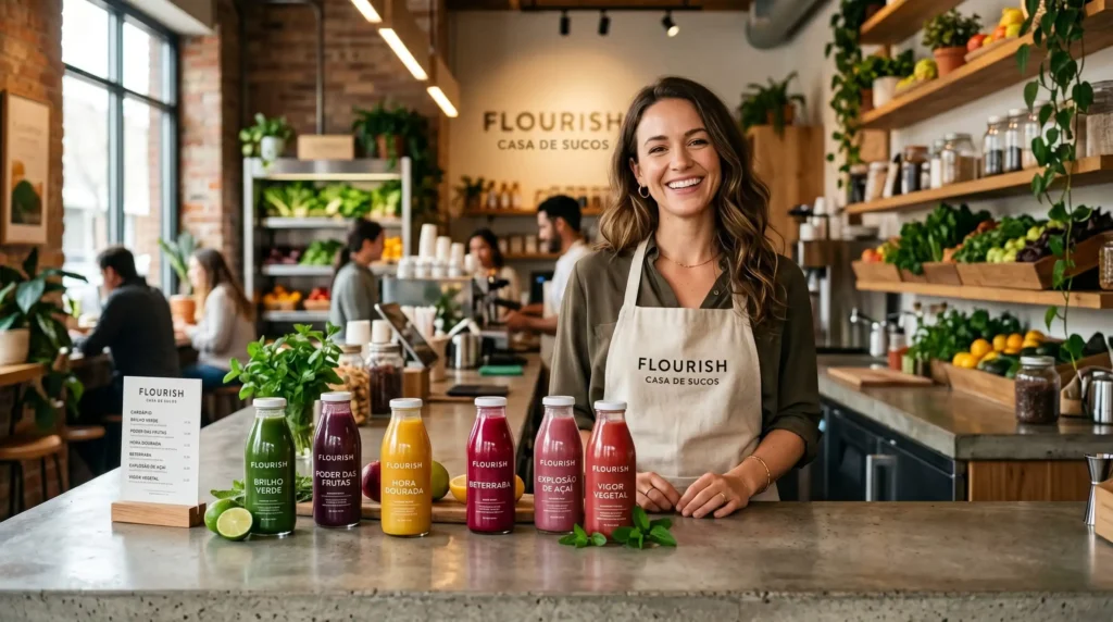 Empreendedora de sucesso sorrindo atrás do balcão de uma cafeteria ou espaço de bem-estar premium, segurando um cardápio e garrafas de smoothies funcionais.