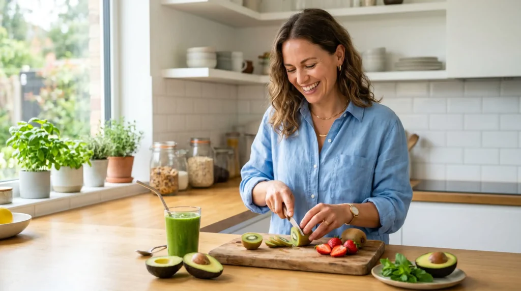 Mulher sorrindo na cozinha cortando frutas frescas para preparar um smoothie funcional saudável.