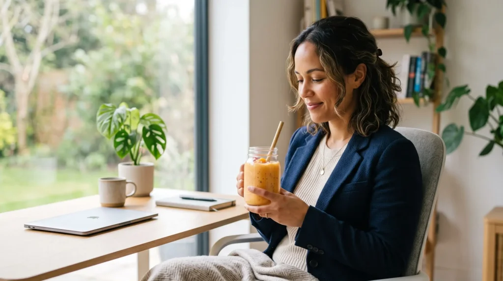 Mulher em momento de pausa na rotina de trabalho bebendo um smoothie direto de uma garrafa térmica elegante.