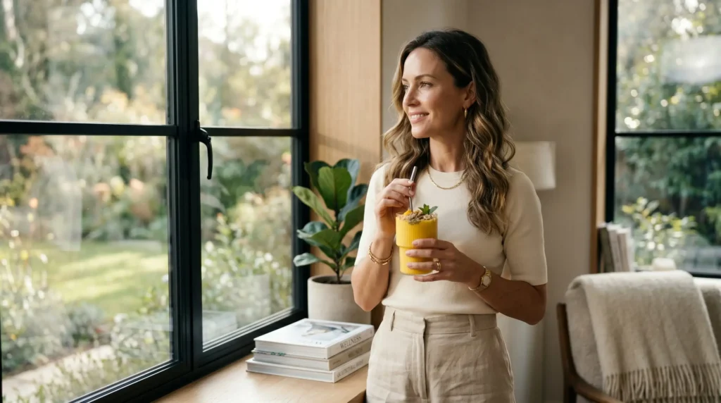 Mulher olhando pela janela pela manhã, segurando um smoothie funcional em um momento de bem-estar e vitalidade.