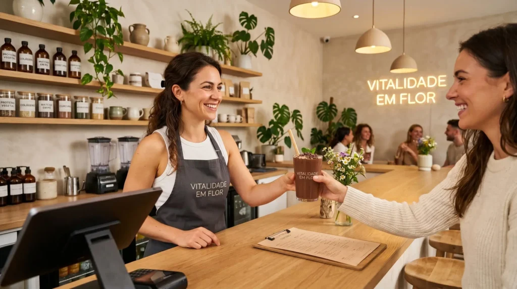Empreendedora sorridente em um ambiente de cafeteria ou estúdio de bem-estar elegante, servindo smoothies funcionais para clientes.