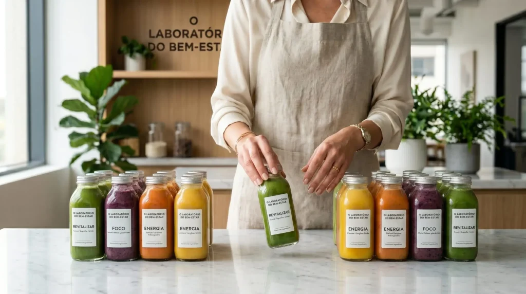 Uma empreendedora organizando garrafas de smoothies funcionais premium em um balcão moderno, representando um modelo de negócio lucrativo.