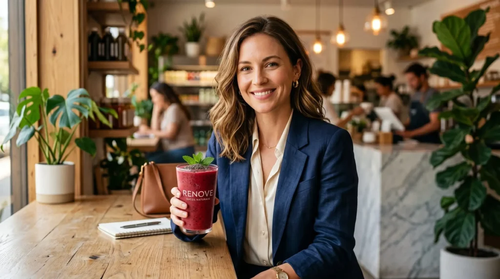 Empreendedora sorridente segurando um smoothie premium em copo transparente dentro de uma loja moderna de alimentação saudável.