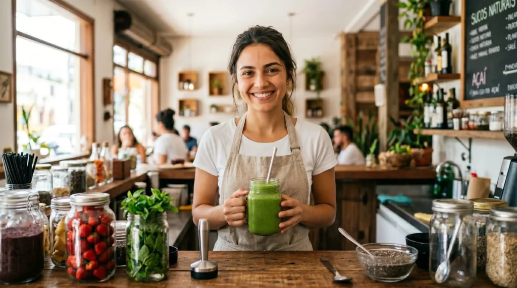 Ana sorrindo atrás do balcão de madeira da sua smoothie bar com frutas frescas ao redor.
