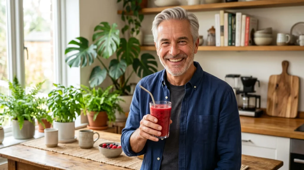 Carlos, 62 anos, sorrindo na cozinha iluminada enquanto segura um smoothie de frutas vermelhas.