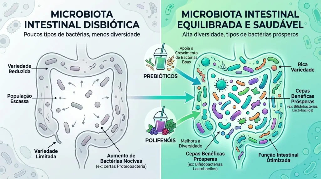 Infográfico limpo e moderno comparando uma microbiota intestinal em disbiose com uma microbiota saudável alimentada por smoothies prebióticos.