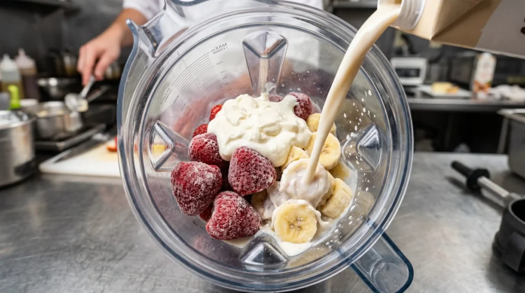 Ingredientes congelados como morangos e bananas prontos no copo de um liquidificador industrial.
