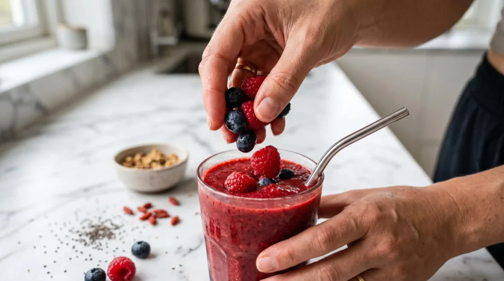 Mãos adicionando berries e mirtilos frescos em um copo de smoothie de frutas vermelhas.