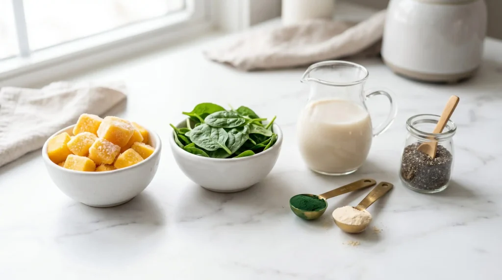 Ingredientes premium para smoothies organizados em uma bancada de mármore: cubos de manga congelada, espinafre fresco, leite de amêndoas e pó de spirulina.