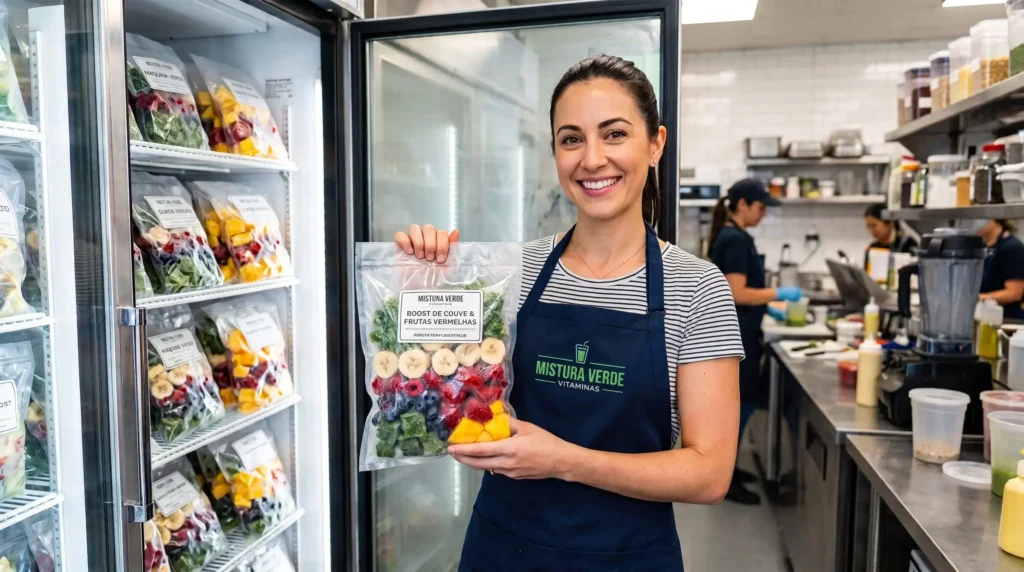 Empreendedora organizando kits de smoothies congelados em embalagens herméticas organizadas no freezer.