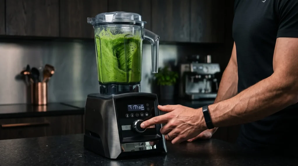 Homem manuseando o painel digital de um liquidificador profissional de alta potência na cozinha.