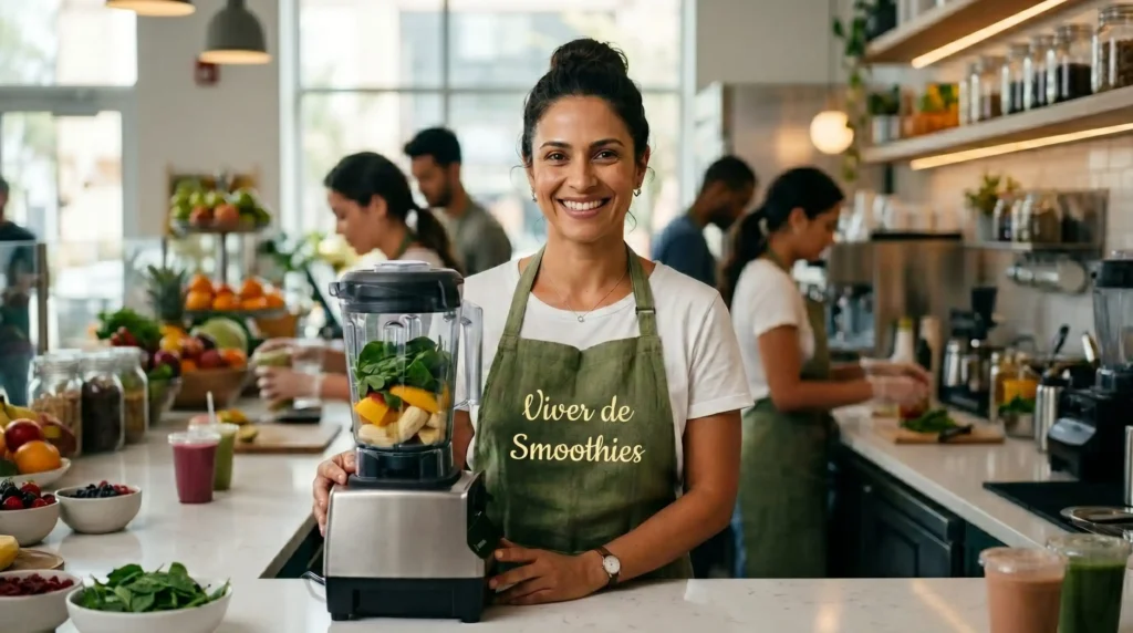 Mulher empreendedora sorrindo ao lado de um potente liquidificador comercial em uma cozinha moderna e limpa de smoothies.