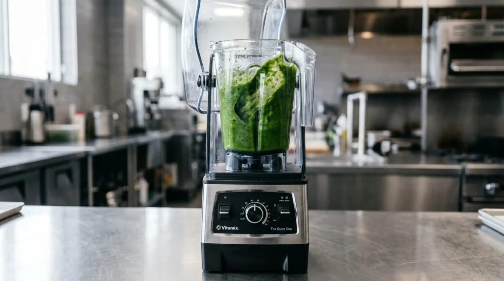 Um liquidificador industrial de alta performance (estilo Vitamix com abafador de ruído) batendo um smoothie verde denso em uma cozinha comercial limpa.