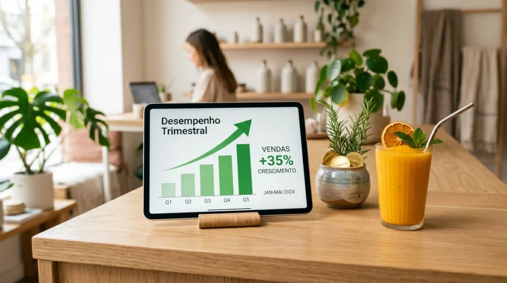 Um tablet mostrando um gráfico de vendas verde ascendente ao lado de um copo de smoothie fresco e um pequeno cachepô com moedas em um balcão de madeira.