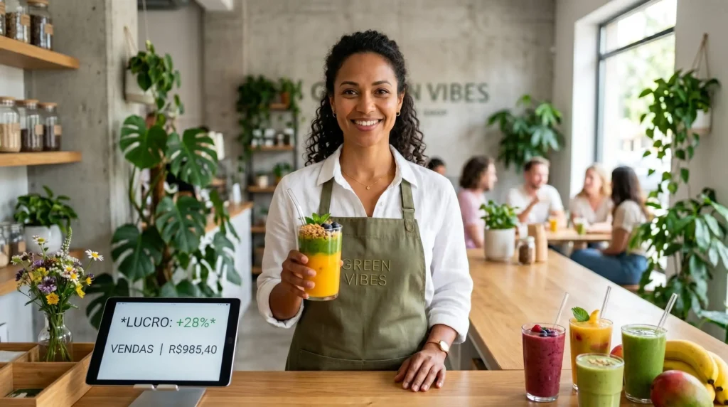 Mulher empreendedora sorrindo atrás de balcão com smoothies coloridos e copo de lucro com smoothies.