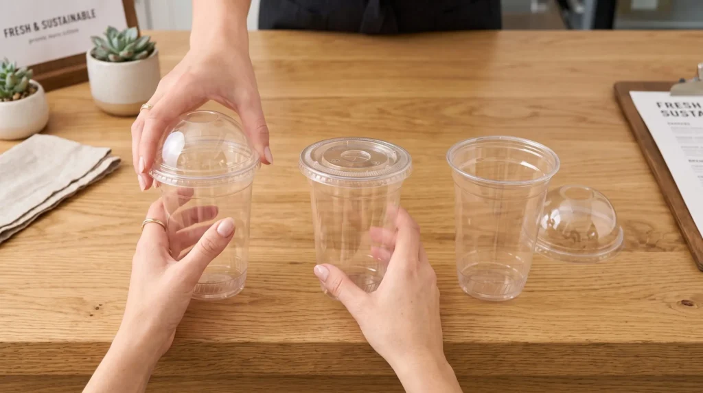 Mãos de um empreendedor organizando diferentes modelos de copos para smoothie de plástico transparente sobre um balcão de madeira.