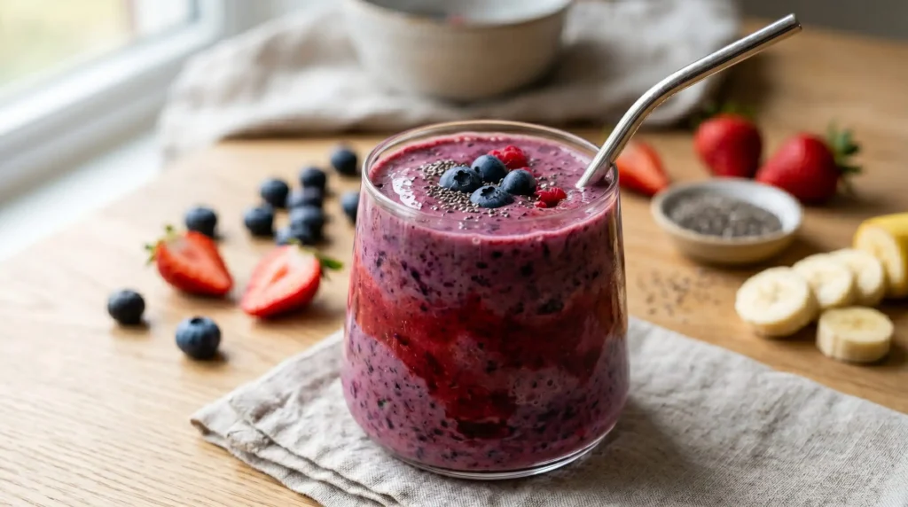 Fotografia profissional de um smoothie cremoso de frutas vermelhas e superalimentos para recuperar a microbiota intestinal.