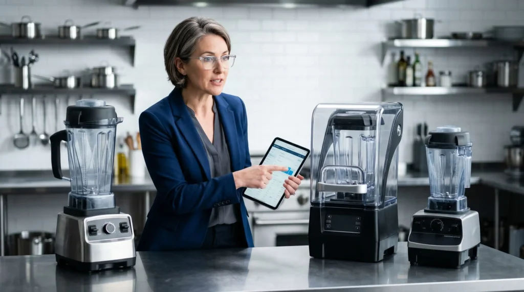 Chef de cozinha consultando um tablet e comparando três modelos diferentes de liquidificadores comerciais em uma bancada.