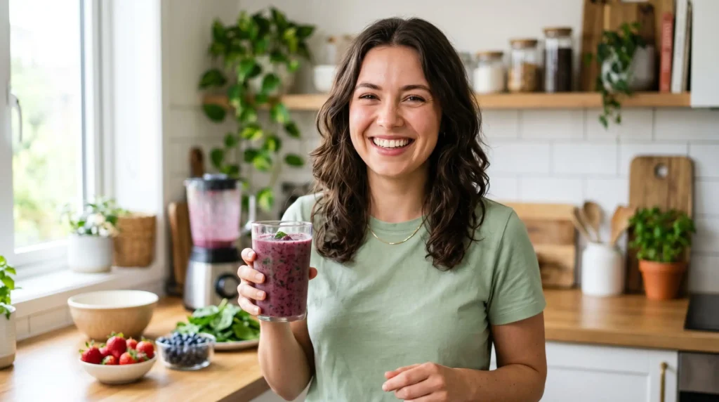 Uma mulher sorrindo enquanto segura um copo de smoothie vibrante e nutritivo, feito com polpa de fruta congelada.