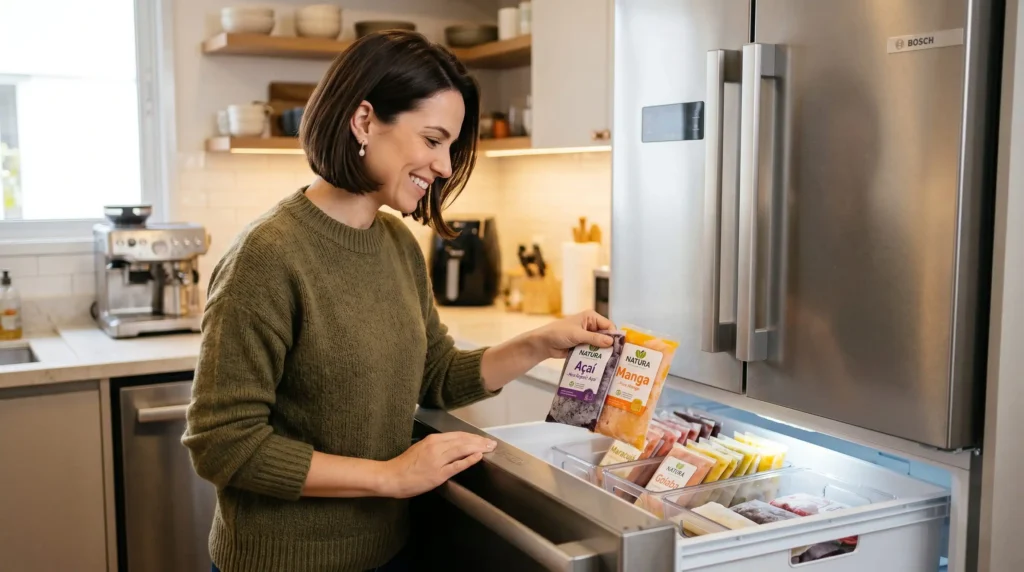 Uma mulher sorrindo enquanto retira sachês organizados de polpa de fruta congelada do freezer de sua geladeira.