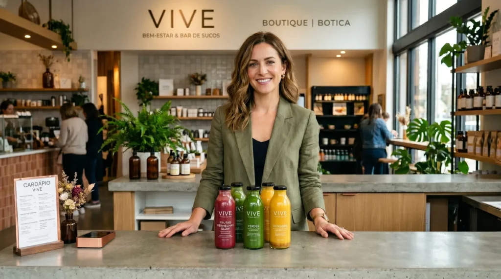Empreendedor sorridente atrás do balcão de uma boutique de saúde moderna, organizando garrafas de vidro elegantes com smoothies funcionais coloridos.