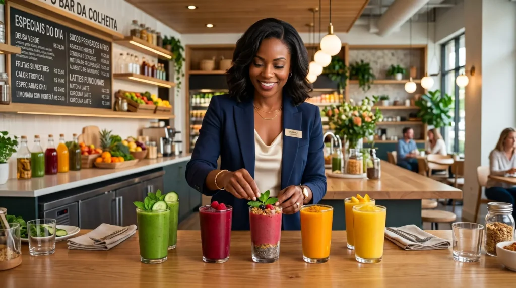 Empreendedora de sucesso em seu estabelecimento comercial organizando copos de smoothies funcionais no balcão.
