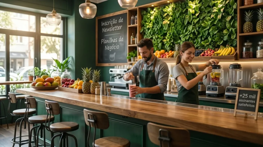 Casal trabalhando em um smoothie bar premium focado em ingredientes frescos e vegetais verdes exuberantes.