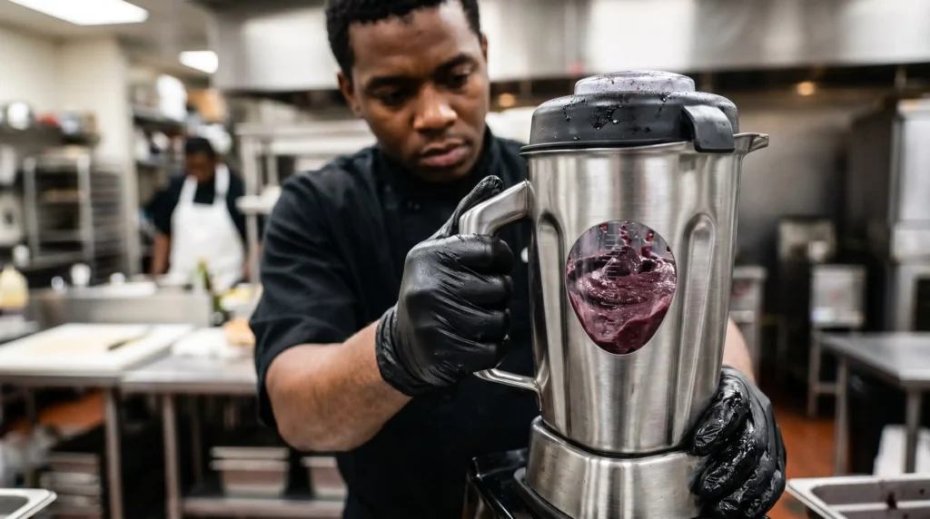 Funcionário de cozinha profissional operando um liquidificador comercial de baixa rotação para bater um açaí cremoso.