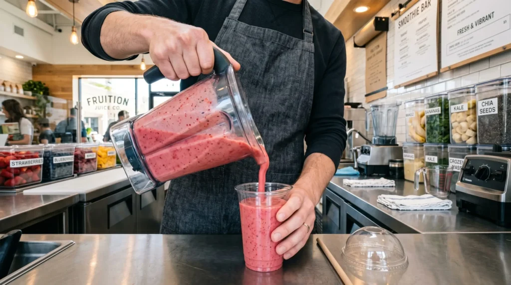 Mãos de um barista preparando um smoothie de morango em uma cozinha de loja organizada e limpa.