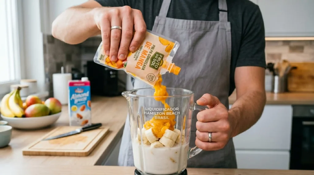 Um homem adicionando um sachê de polpa de fruta congelada no liquidificador para preparar um smoothie cremoso.