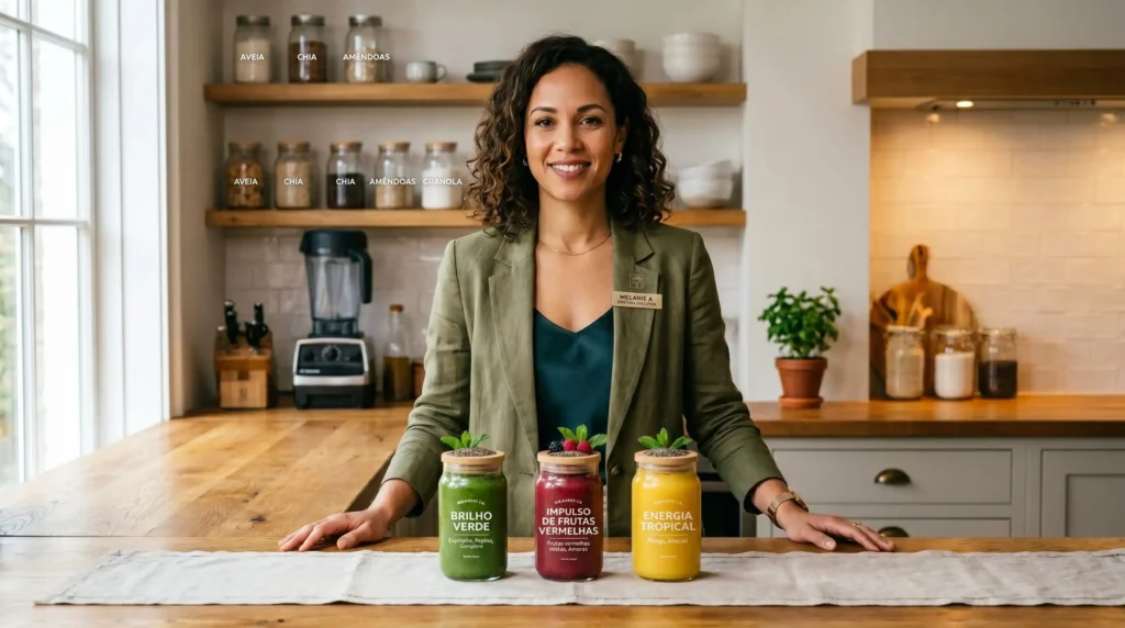 Empreendedora saudável organizando copos de smoothies funcionais coloridos em uma bancada profissional.
